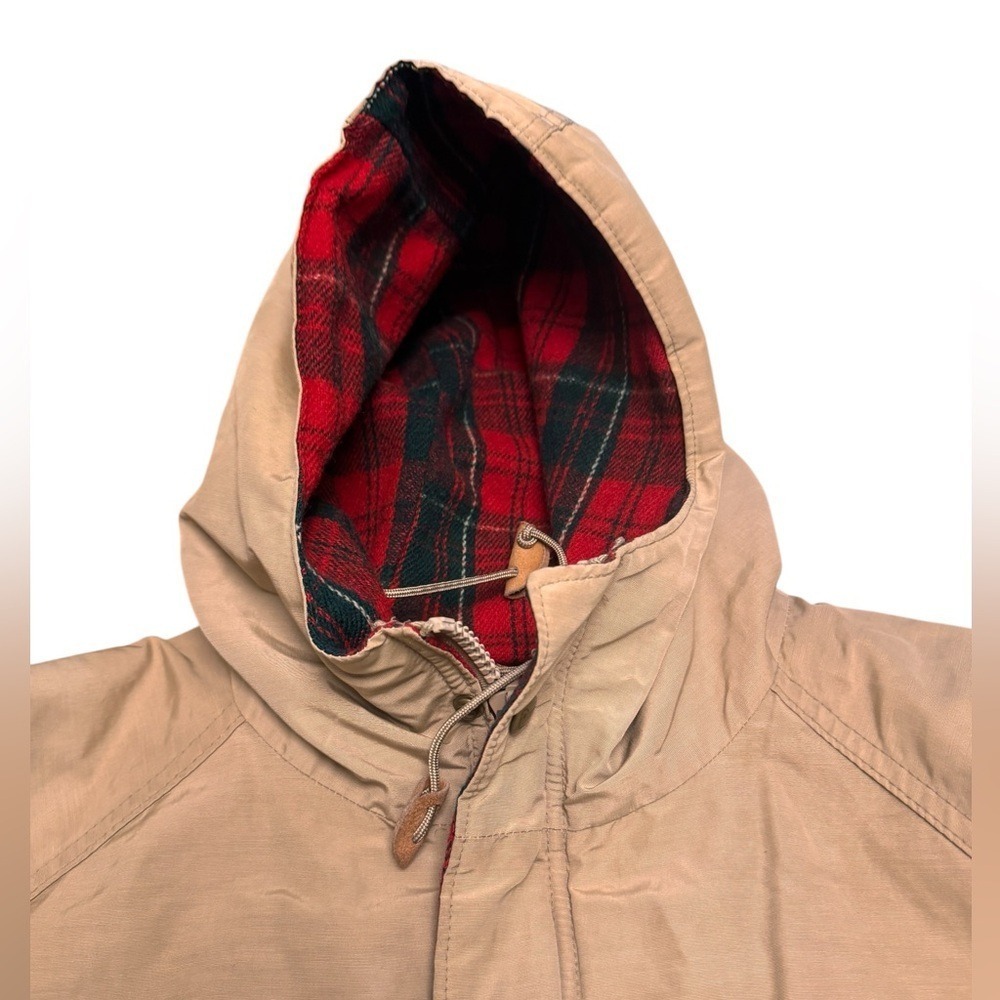 Woolrich Vintage Hooded Field Jacket Tan Plaid Lined Utility Coat Women L XL EUC - Picture 6 of 16